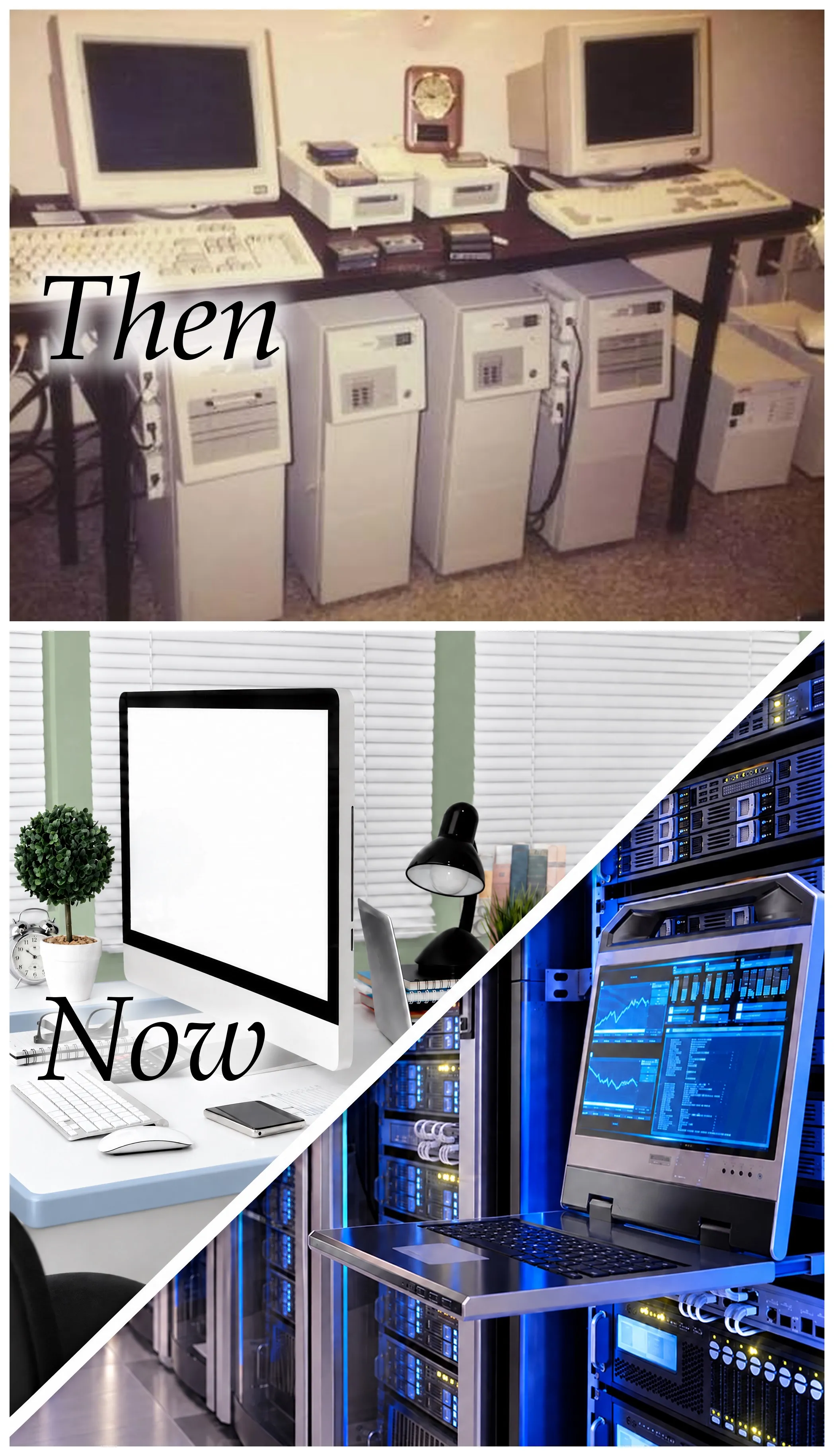 Grace then and now. Then: a row of beige desktop computers, monitors and tower servers along an office wall. Now: a modern desktop workstation beside a data center rack with a pull-out console showing monitoring dashboards.