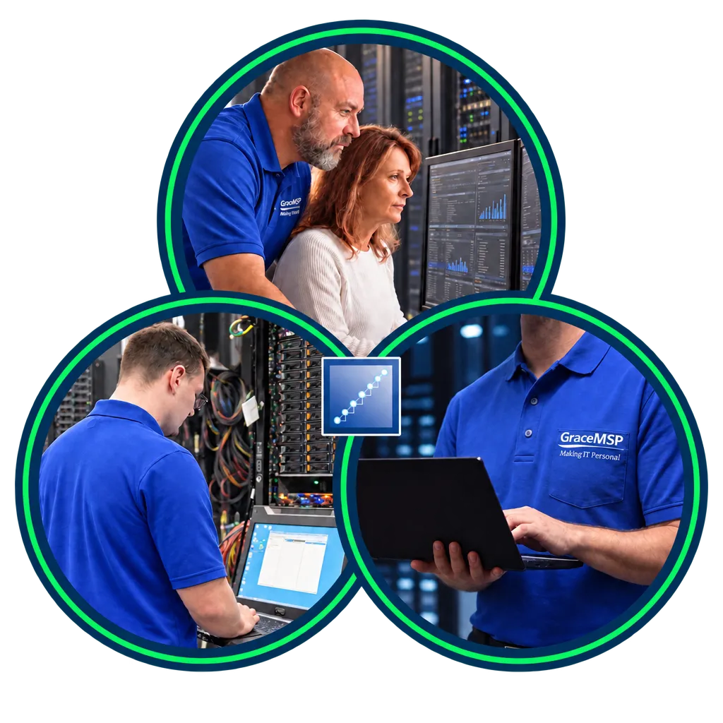 Three circular photos of GraceMSP team members at work — reviewing systems with a client, in a server room and on a laptop — around the Grace logo.