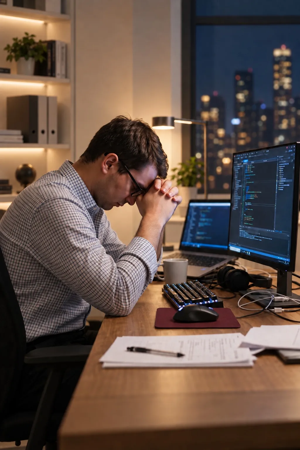 A frustrated office worker with his head in his hands at his desk in the evening, computer screens still glowing.