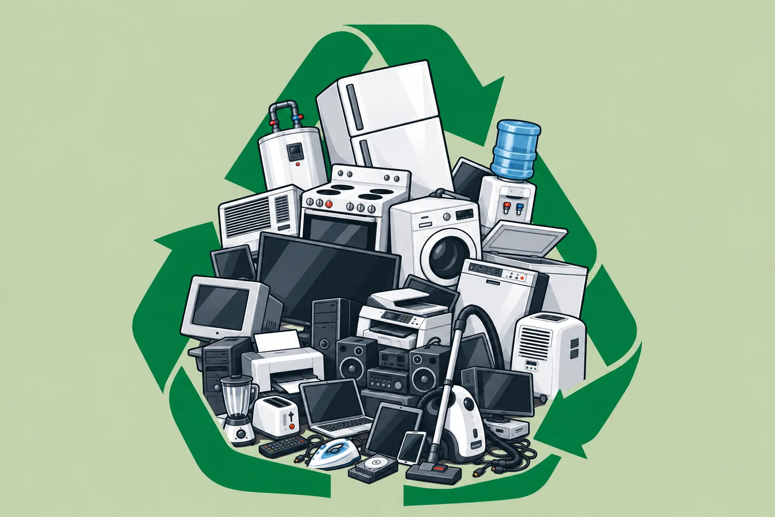 An illustration of computers, monitors, printers, TVs and household appliances piled inside a green recycling symbol.