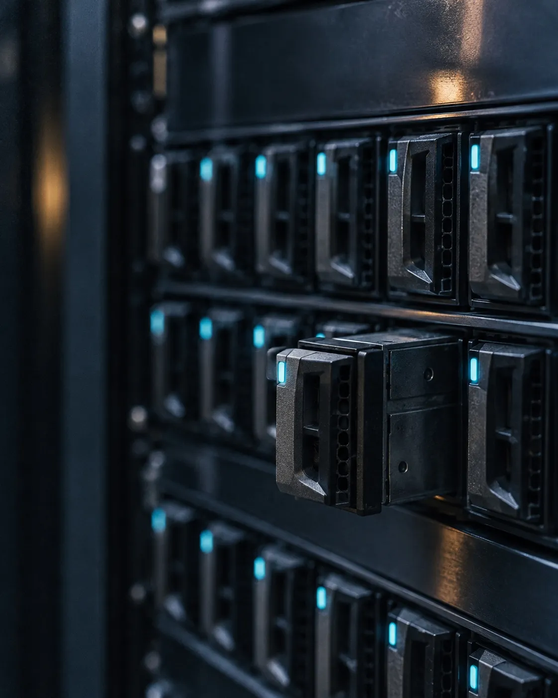 Close-up of a rack-mounted storage array with rows of drive bays and cyan activity lights.