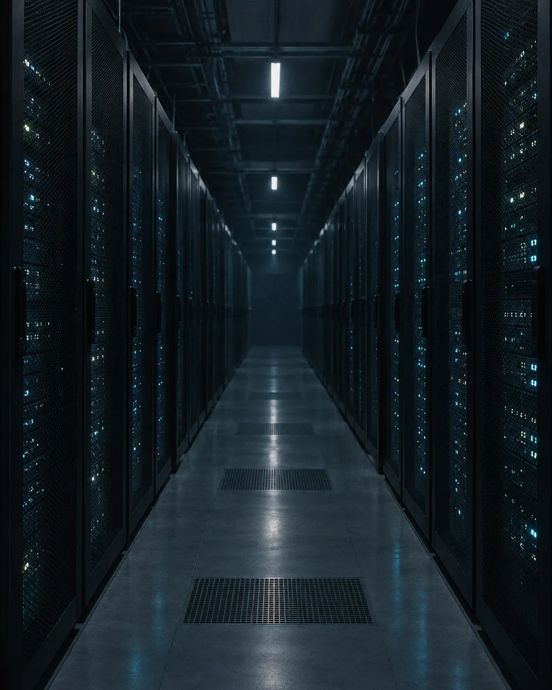 A long, dim data center aisle lined with server racks and small cyan status lights.