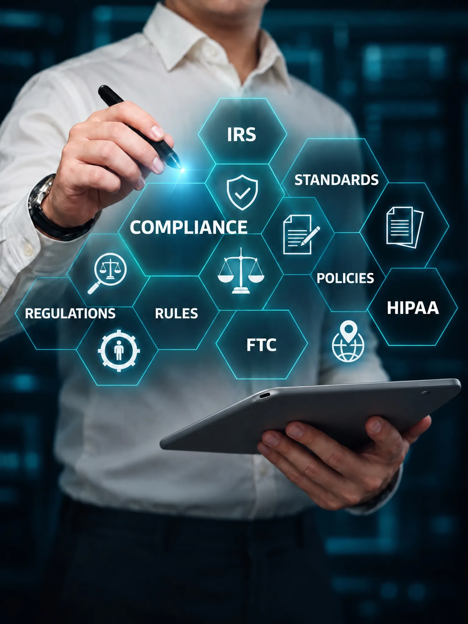 A professional using a tablet surrounded by compliance icons for IRS, FTC, HIPAA, policies and standards.