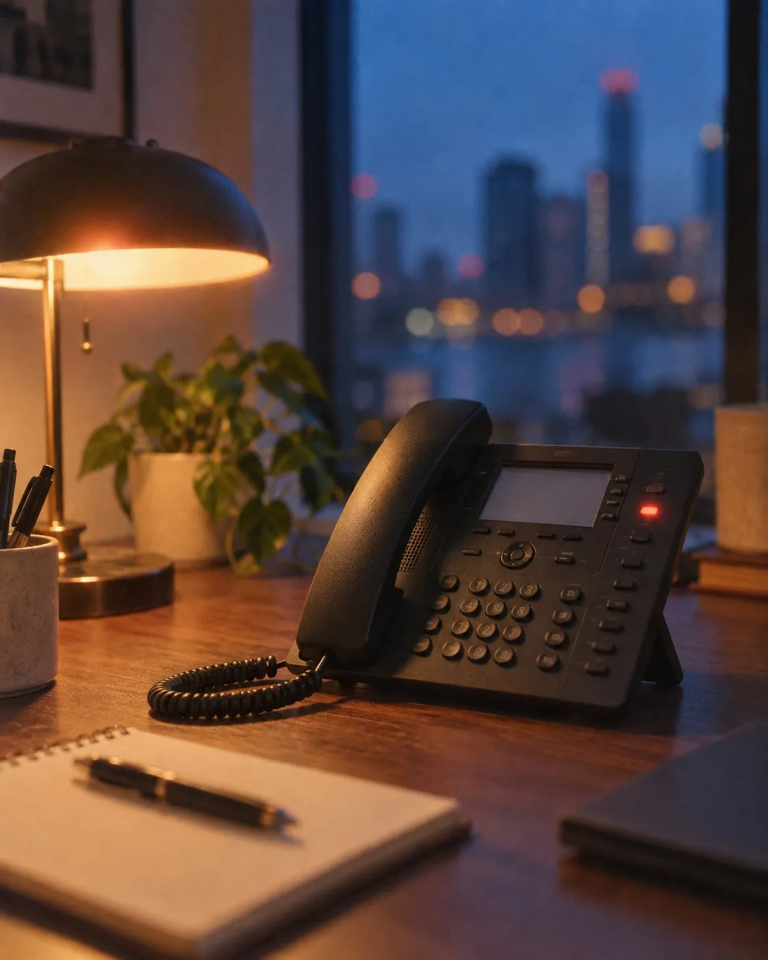 An office desk phone with one line lit, beside a notepad under warm lamplight.